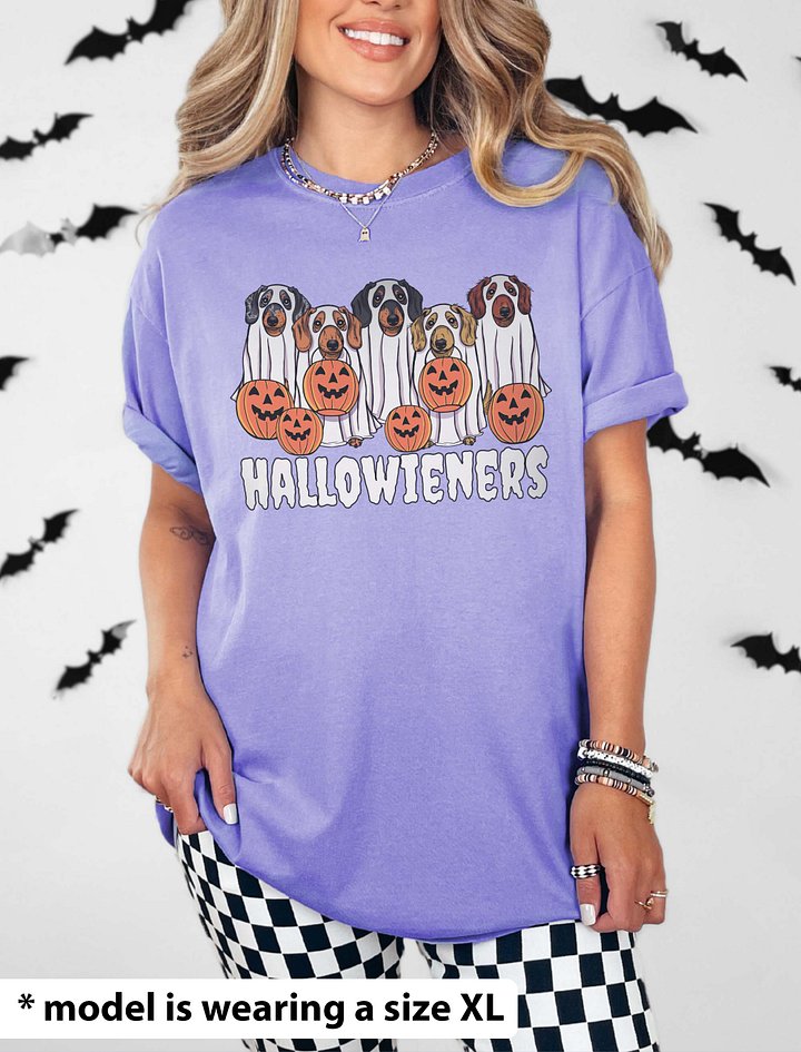Trick or Treat Funny Halloween Dachshund Dogs T-Shirt | Funny Wieners/Doxies Wearing Ghost Costumes and Holding Pumpkin Baskets product image (2)