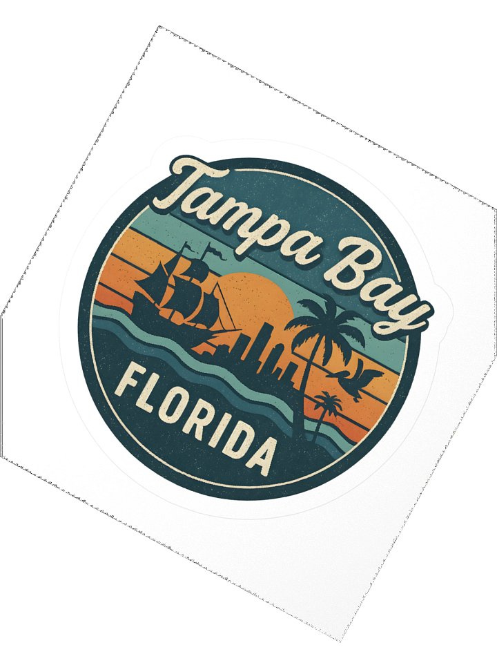 Vintage Tampa Bay Florida Sunset Design with Pirate Ship and Palm Tree Skyline Sticker product image (5)