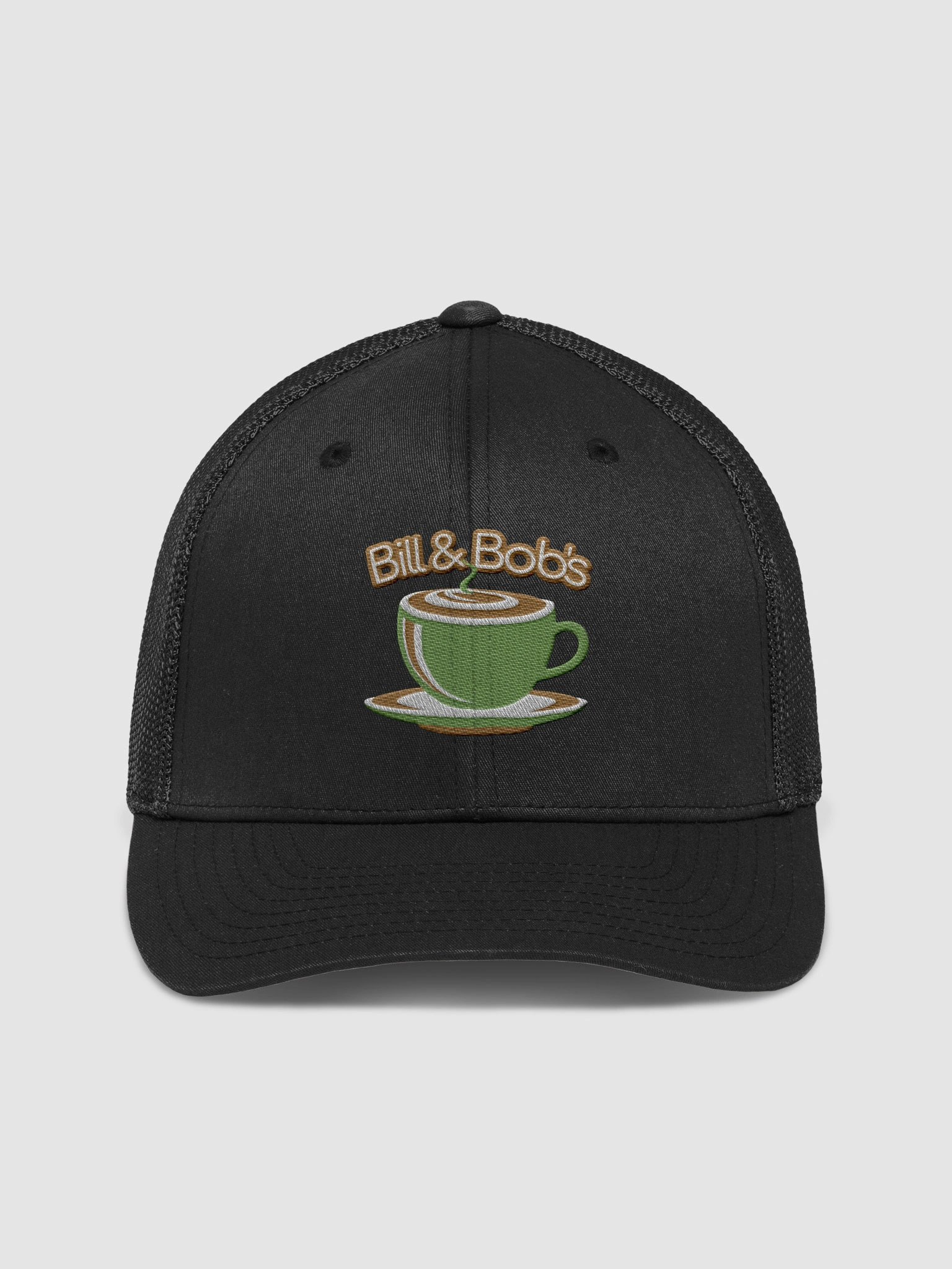 Bill & Bob's Coffee Shop Open 24/7 Trucker Hat, Kiwi Green Color Accent product image (1)