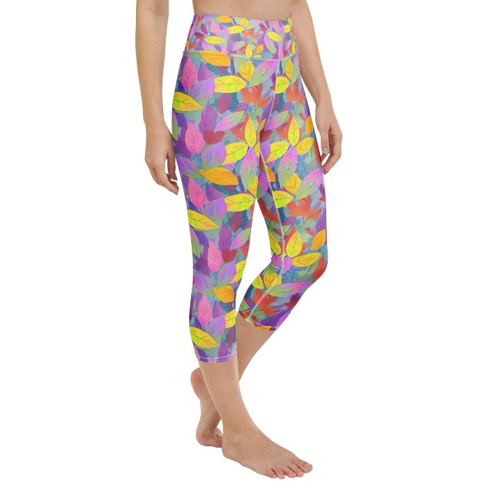 Yellow Pink Leaves Capri Leggings product image (2)