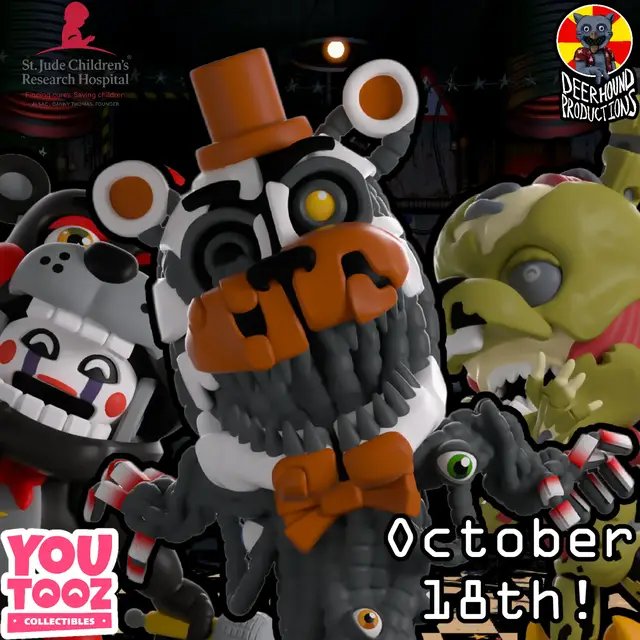 Join us tomorrow for a #FiveNightsatFreddys #Charity #Livestream in support of St. Jude Children's Research Hospital! We'll be raffling off the LIMITED-TIME Freddy Fazbear's Pizzeria Simulator YouTooz Wave while playing #FNAF themed games such as Fortnitemares, Curse of Dreadbear, and #deadbyday with viewers! Set a reminder for the livestream on the Deerhound Productions YouTube Channel!