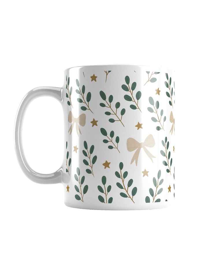 White glossy mug ribbons & stars botanical Christmas. Elegant botanical holiday mug product image (1)