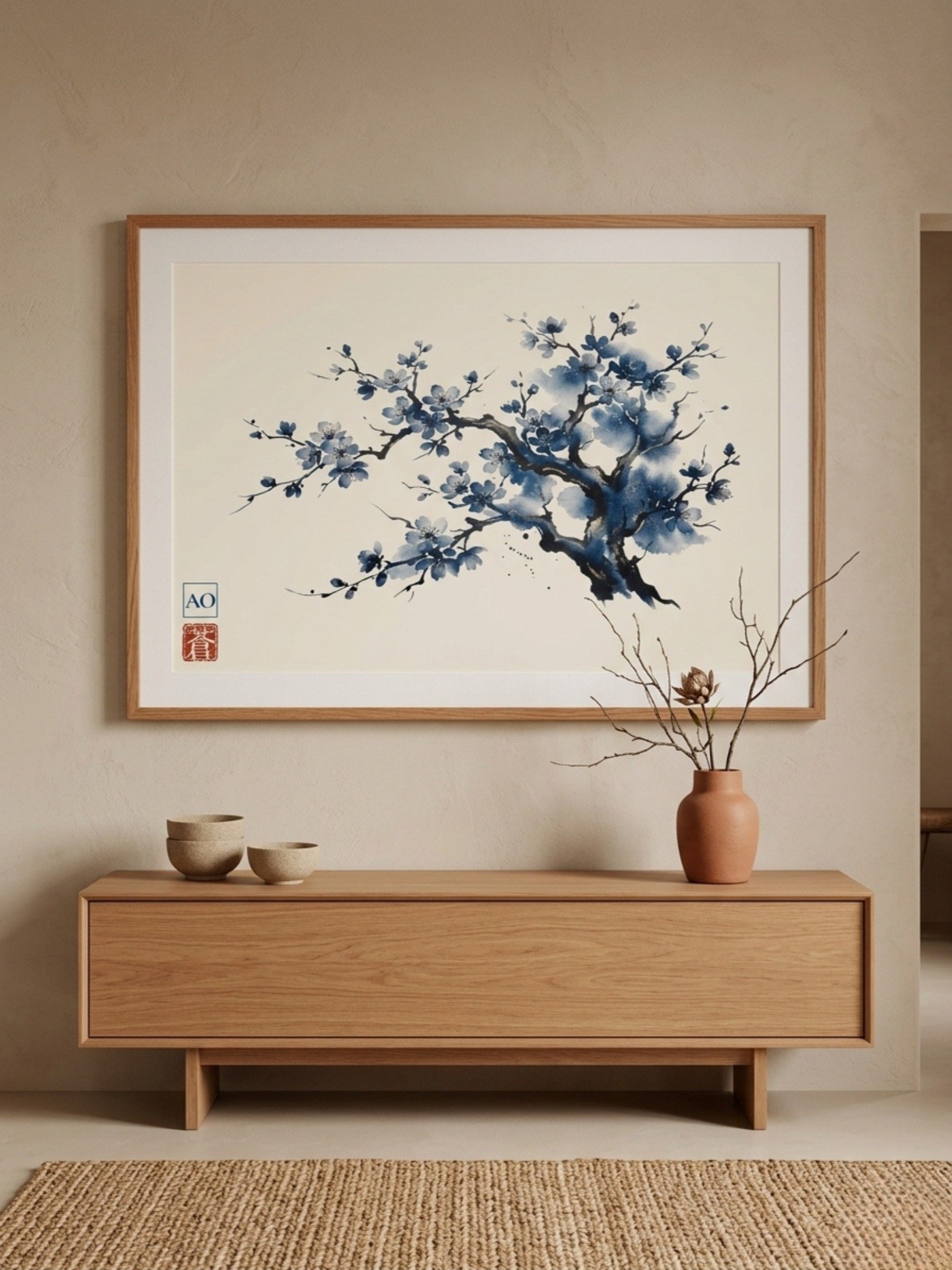 Japanese Ink Art Print | Indigo Sakura No.05 | Framed Wall Art - AO Japan Blue product image (5)