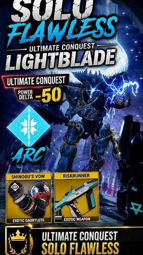 SOLO FLAWLESS Lightblade Ultimate Conquest | Arc Hunter | Shinobu's Vow

#destiny2 #destiny #bungie #destiny2thegame #destiny...