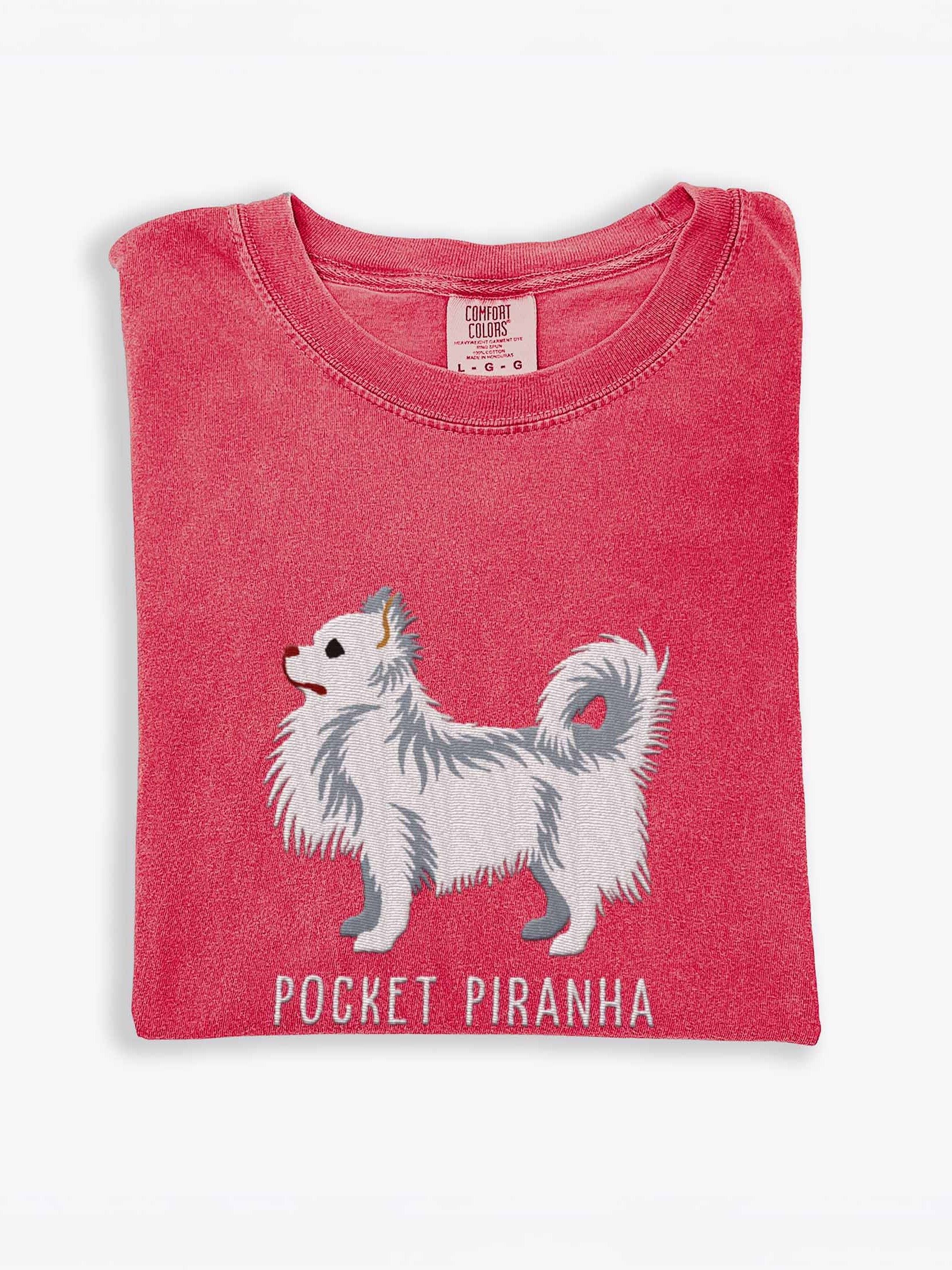 Pocket Piranha T-Shirt(Embroidered) of a Longhaired Chihuahua(White) product image (1)