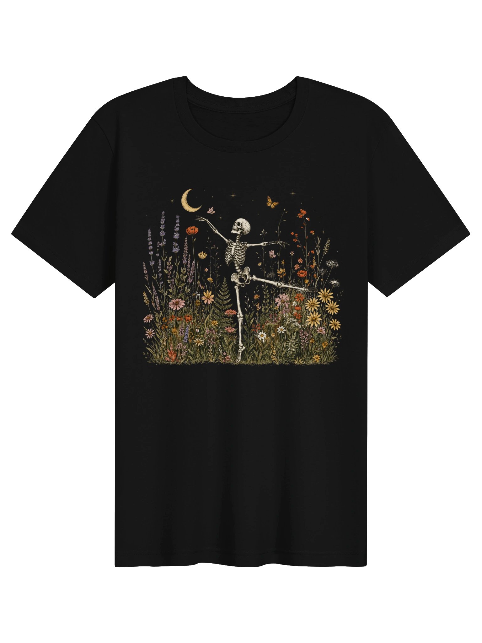 Dancing Skeleton Wildflower Graphic Tee - Whimsical Goth Botanical Moon Shirt product image (1)