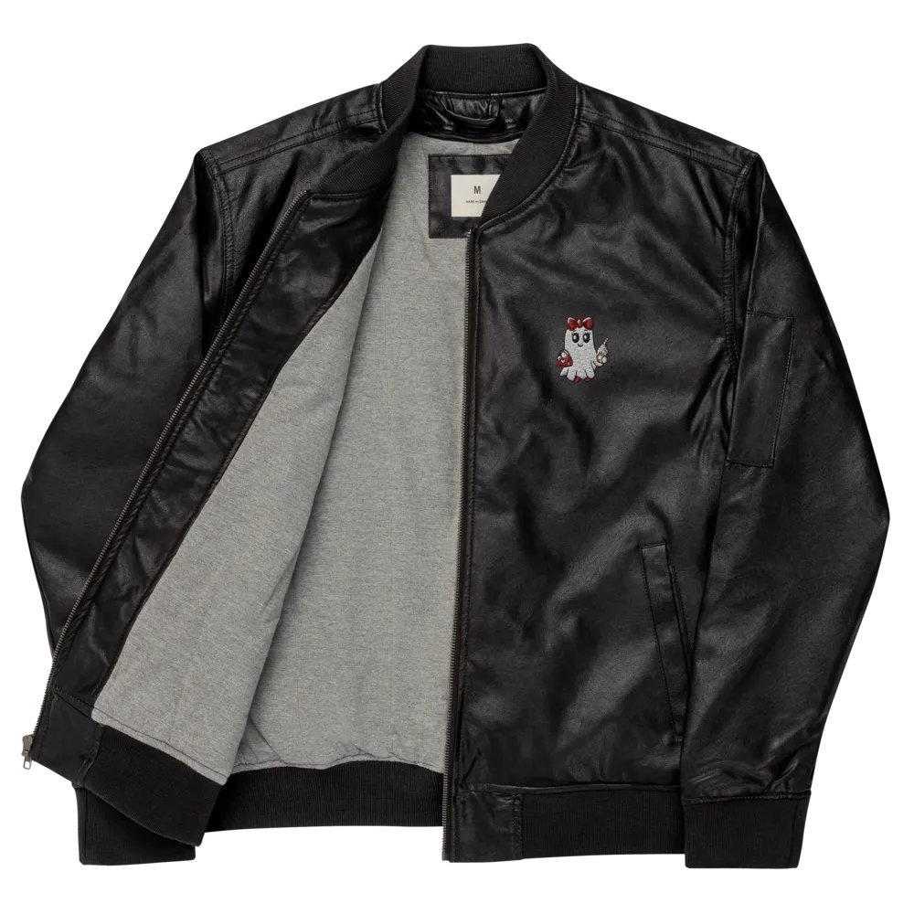 Stylish Ghost Embroidered Faux Leather Bomber Jacket product image (3)