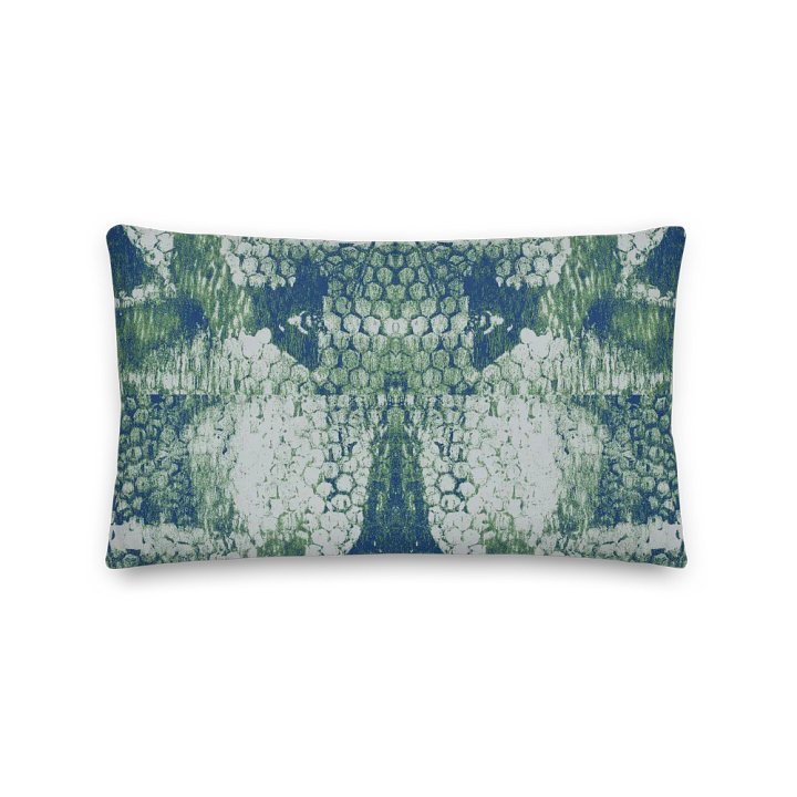 Honeycomb Grunge Throw Pillow in Mossy Green and Deep Blue on Bright Sand product image (2)