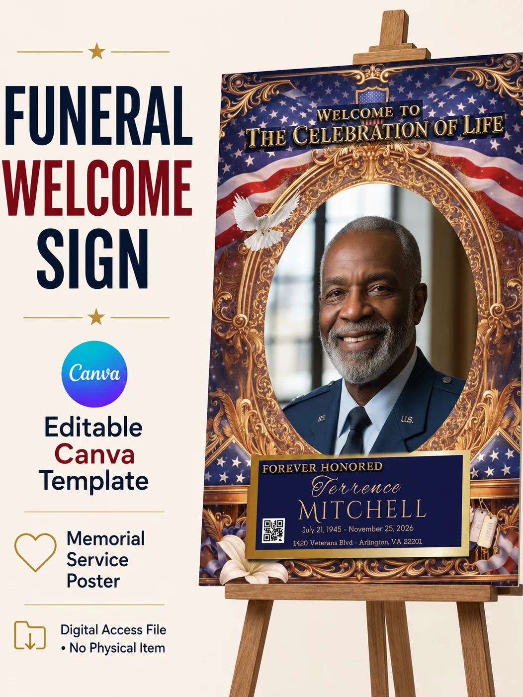 Funeral Welcome Sign Editable Canva Template, Memorial Service Poster, Celebration of Life Sign, Patriotic Blue product image (1)