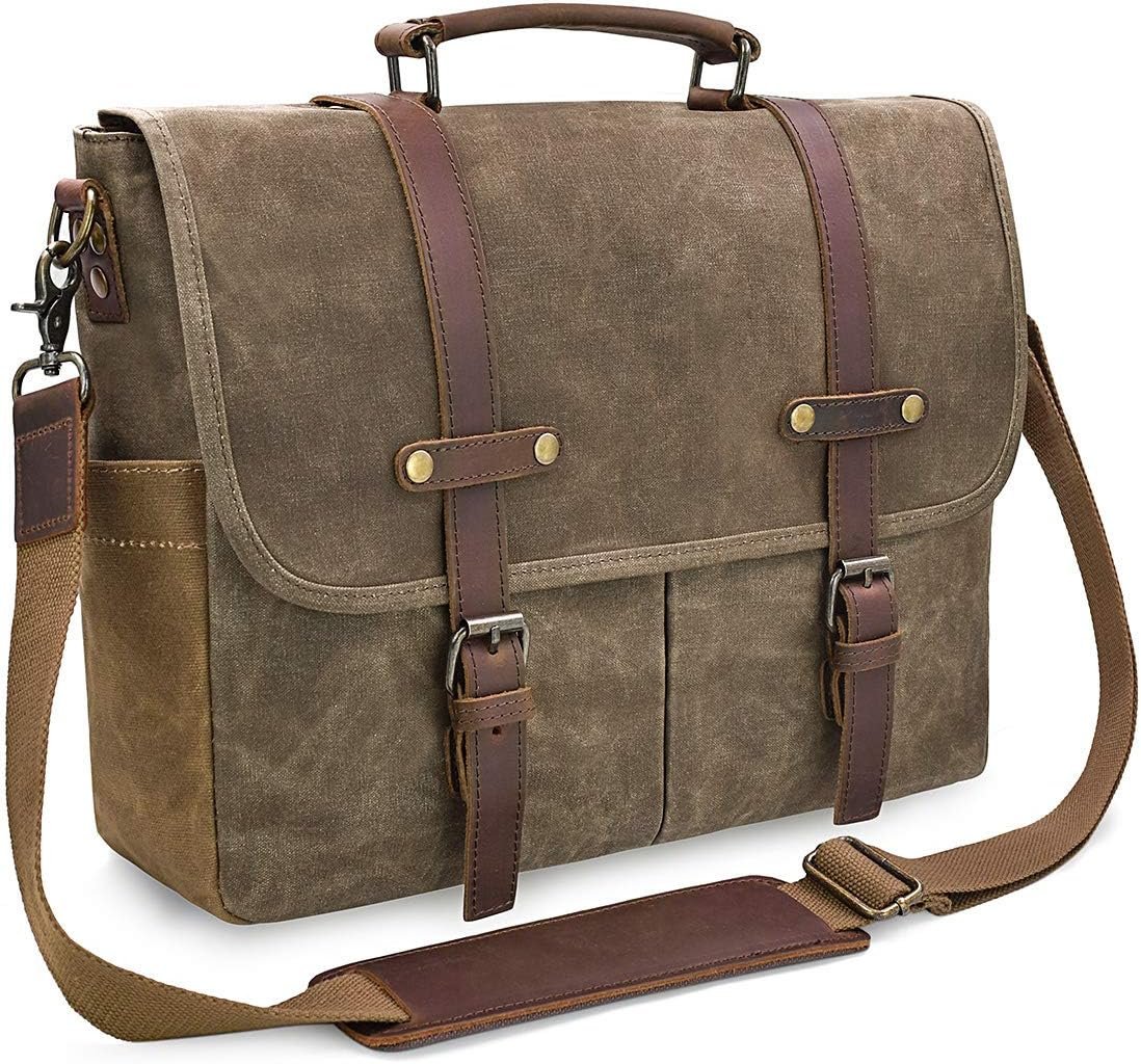 MEEBOY Mens Messenger Bag 15.6 Inch Waterproof Vintage Genuine Leather Waxed Canvas Briefcase Large Satchel Shoulder Bag Rugged Leather Computer Laptop Bag product image (1)