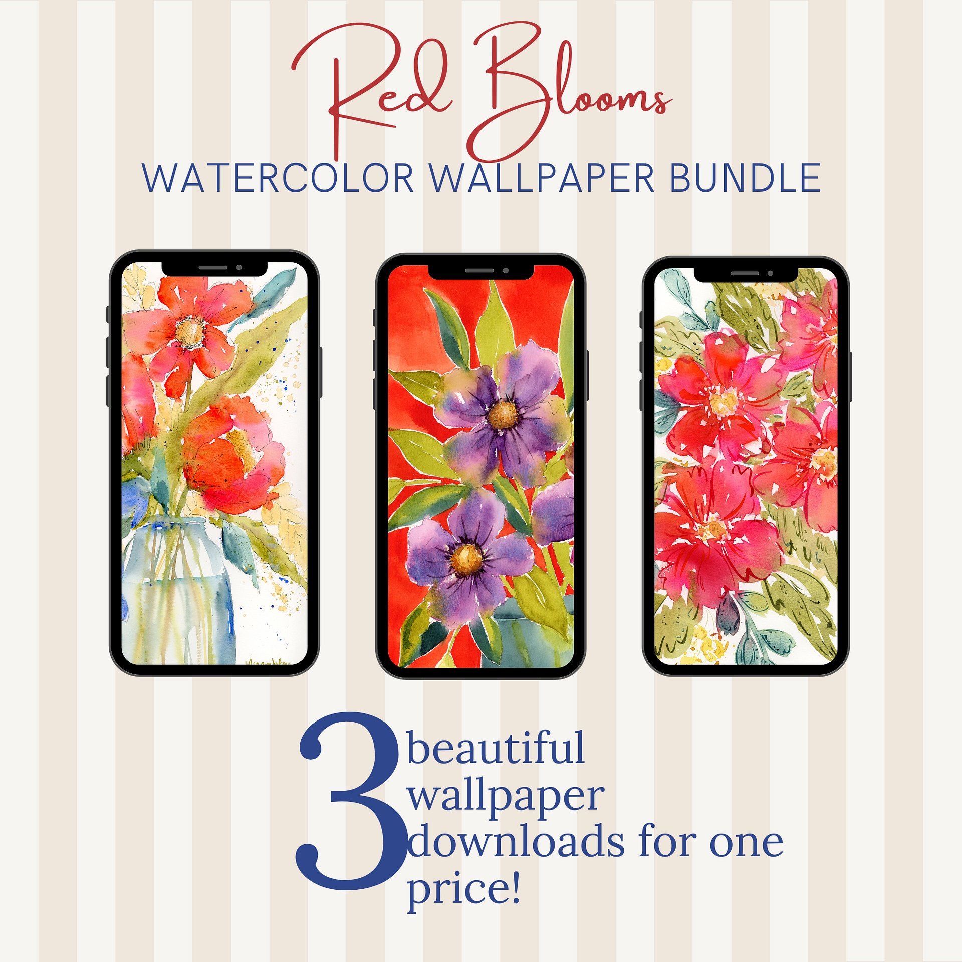 Red Bloom Bundle - 3 Original Watercolor Phone Wallpapers product image (1)