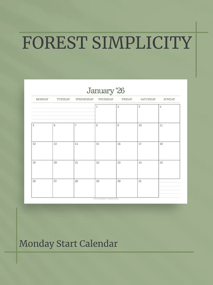 Forest Simplicity 2026 Calendar - Single Page per Month, Monday Start, Letter Size product image (1)