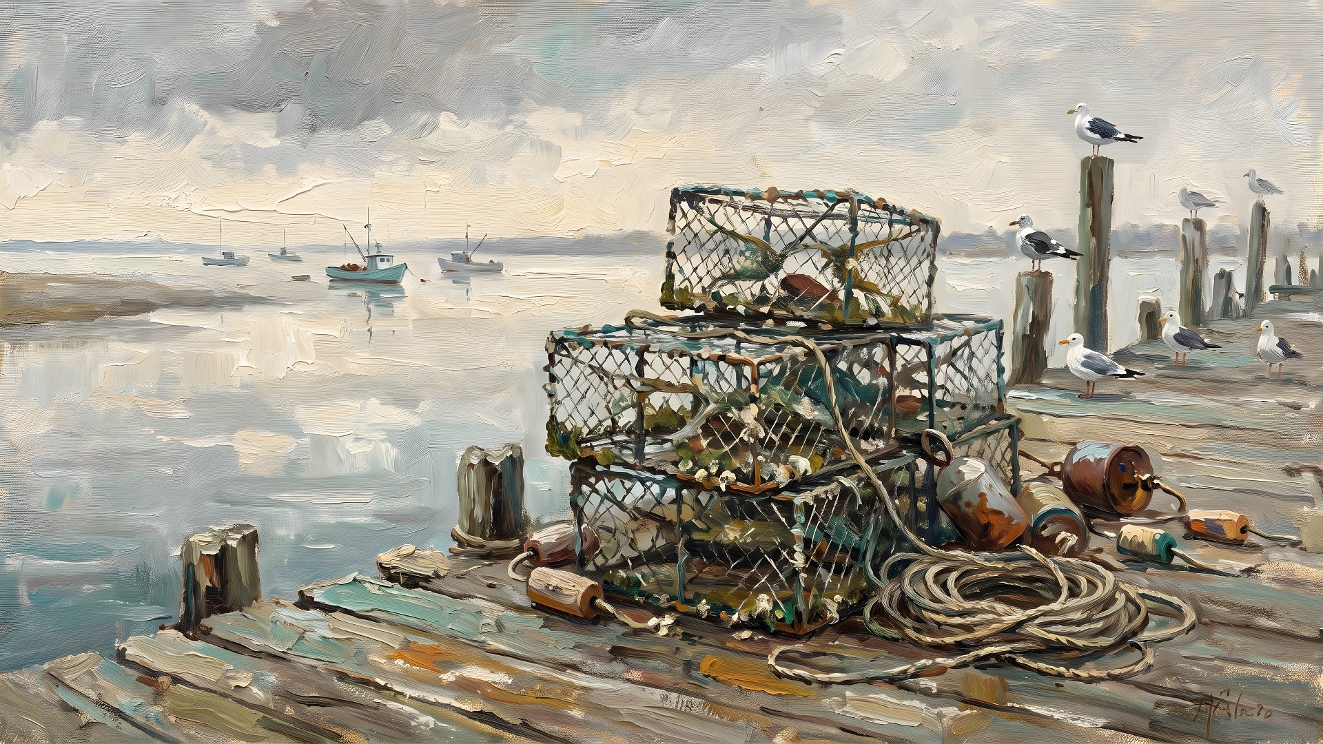 Rare Watercolor Coastal Wall Art Bundle of 3 – Stone Steps to Shoreline, Herons Wading in Marshland & Crab Traps on Wooden Dock, Fine Detail Nautical Print product image (4)