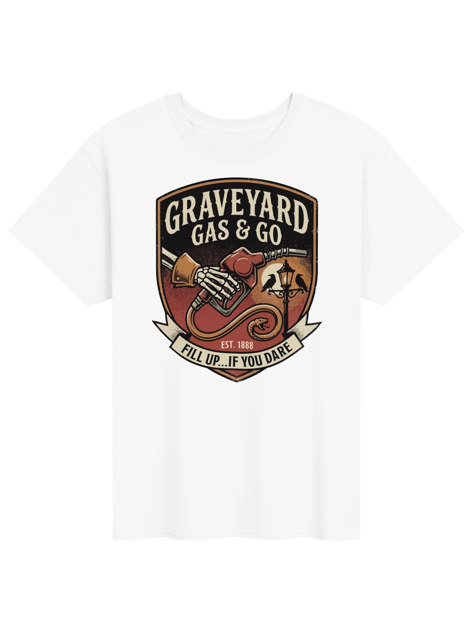 Graveyard Gas & Go – Vintage Horror Badge T-Shirt product image (1)