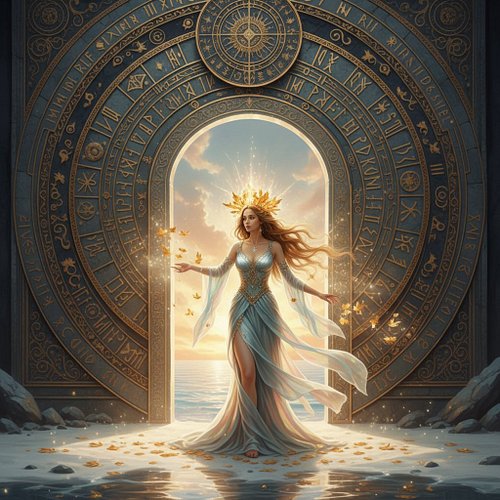 She stands where worlds awaken and merge. 

Golden runes shimmer under her fingertips. A goddess at the threshold, scattering...