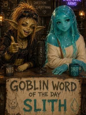 Goblin Word of the Day: SLITH Means slimefolk. Drip came to provide biological accuracy. Nib came to repeatedly call her sentient soup until the educational environment became hostile. One of them understands boundaries. Tragically, it isn’t the host. #GoblinWordOfTheDay #GoblinNib #Slith #Slimefolk #Adyta