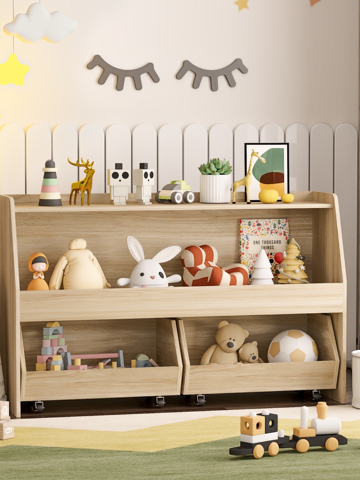 2-Tier Portable Toy Storage, Kids Toy Organizer W/2 Removable Bins with 4 Wheels（Wood) product image (9)
