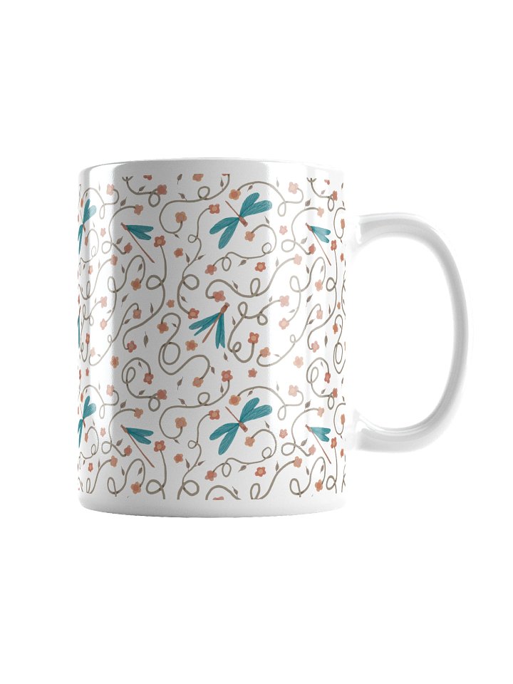White glossy mug with dragonfly and floral pattern. Artistic nature inspired design product image (2)