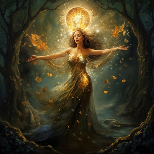 She stands where dusk and dreams entwine. Golden leaves spiral, summoned by her gentle hands. Who is she, this keeper of anci...