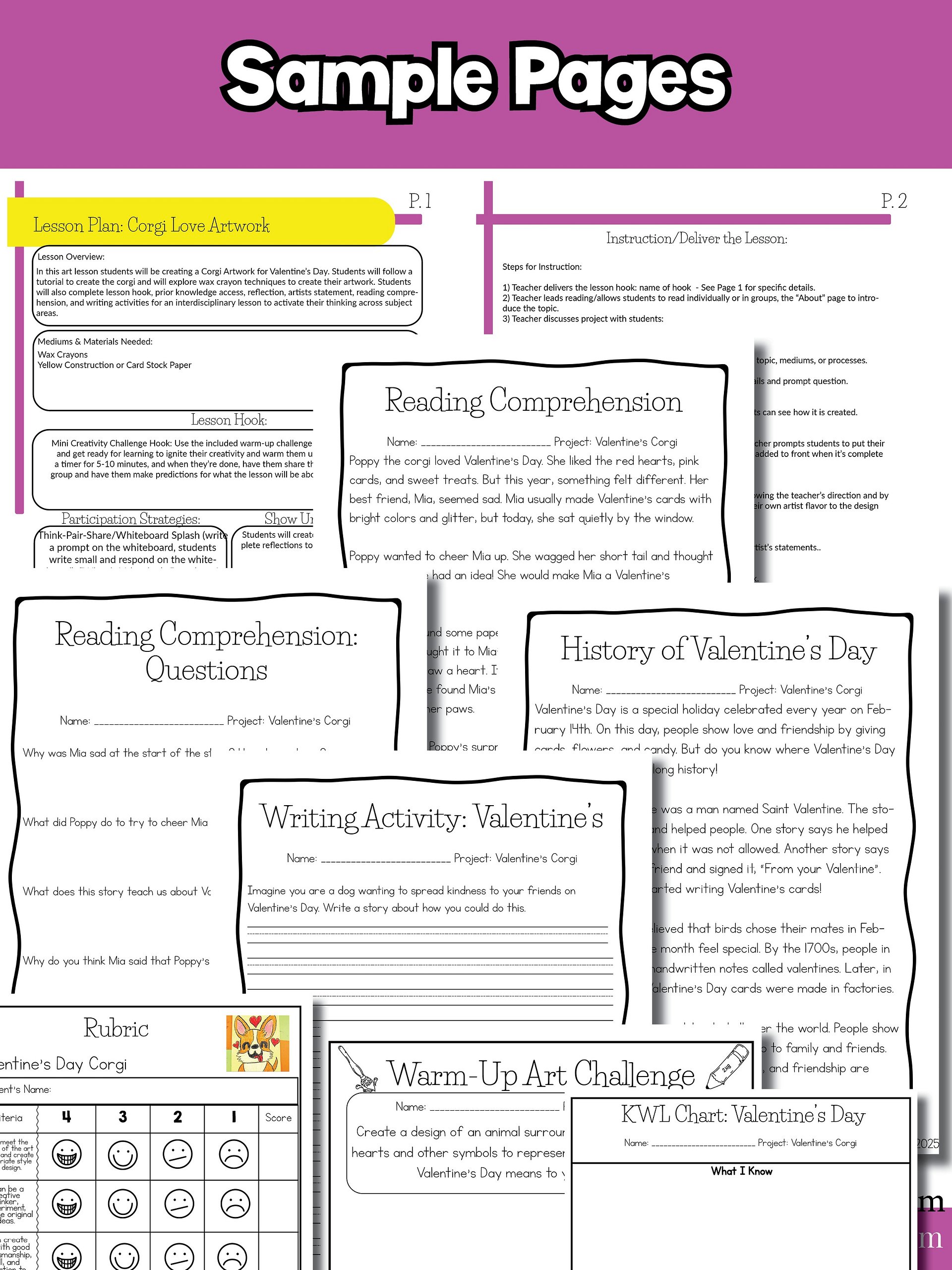 Valentines Day Corgi Art Project Valentine Art Lesson with Reading Writing product image (12)
