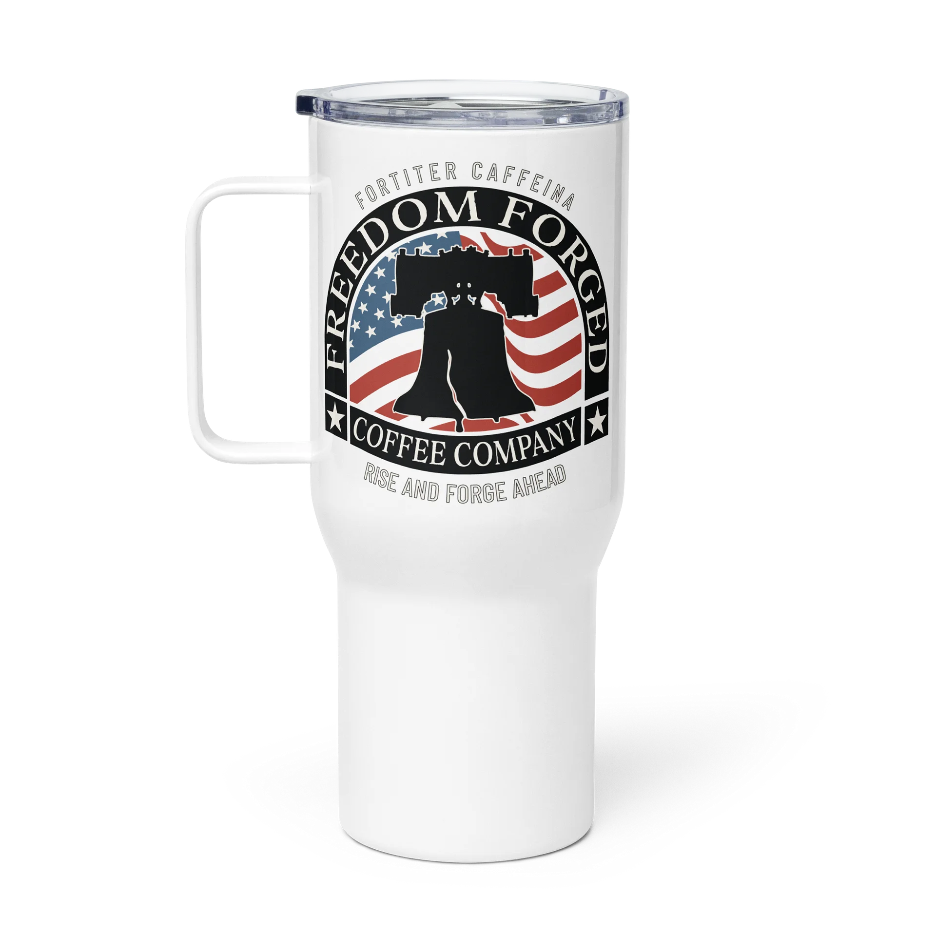Freedom Forged Travel Mug with Handle, Insulated. Liberty Bell Logo product image (1)