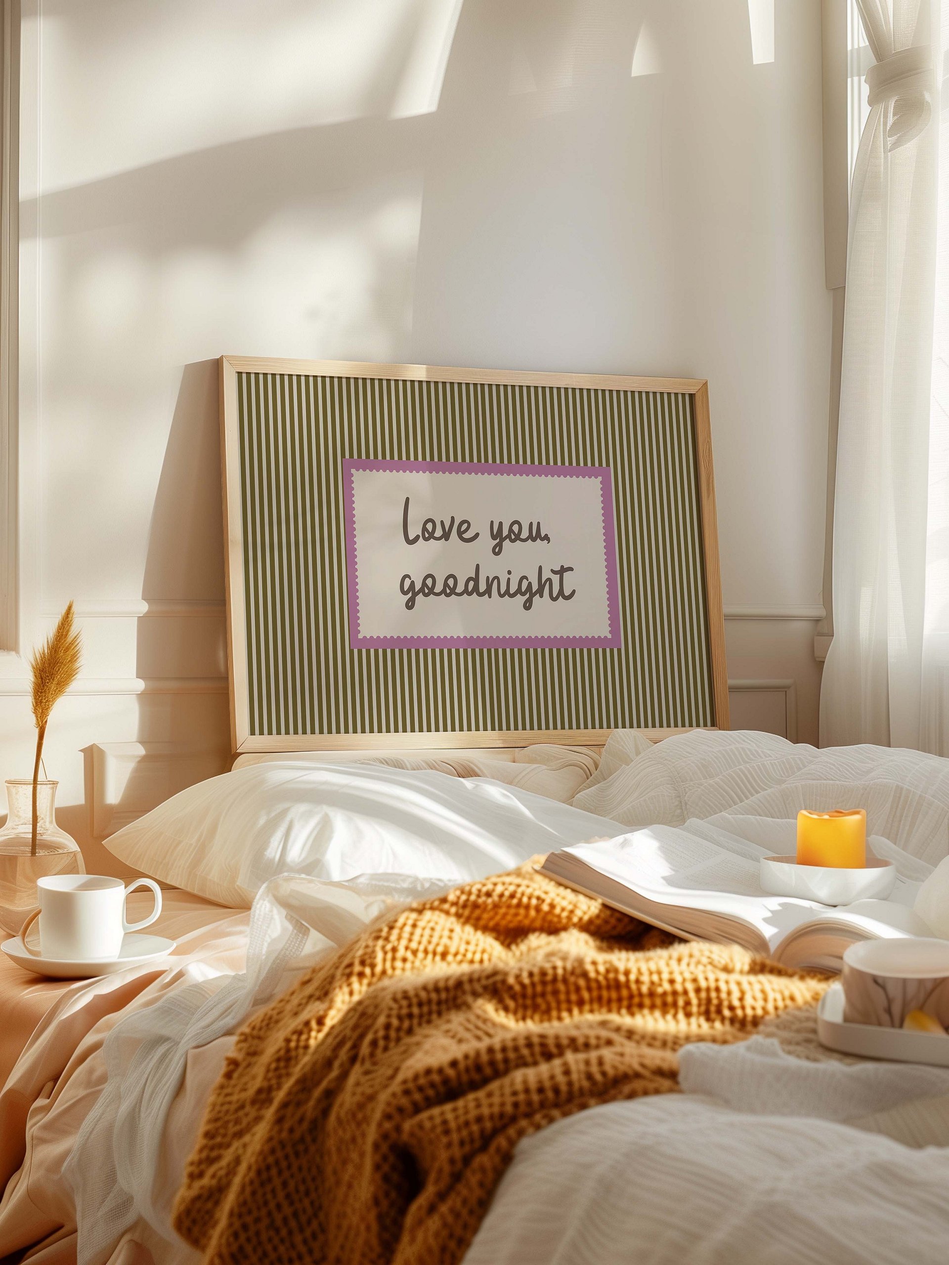 Love You Goodnight Print, Retro Striped Wall Art, Handwritten Quote Poster, Neutral Bedroom Nursery Decor, Horizontal Digital Download product image (5)