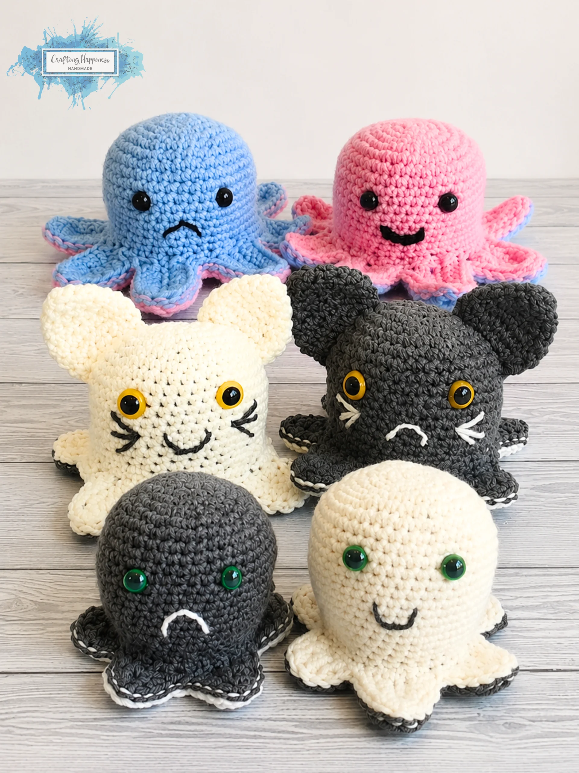 Reversible Amigurumi Crochet Pattern Bundle – Mood Octopus, Cat & Ghost (PDF Pattern) product image (1)