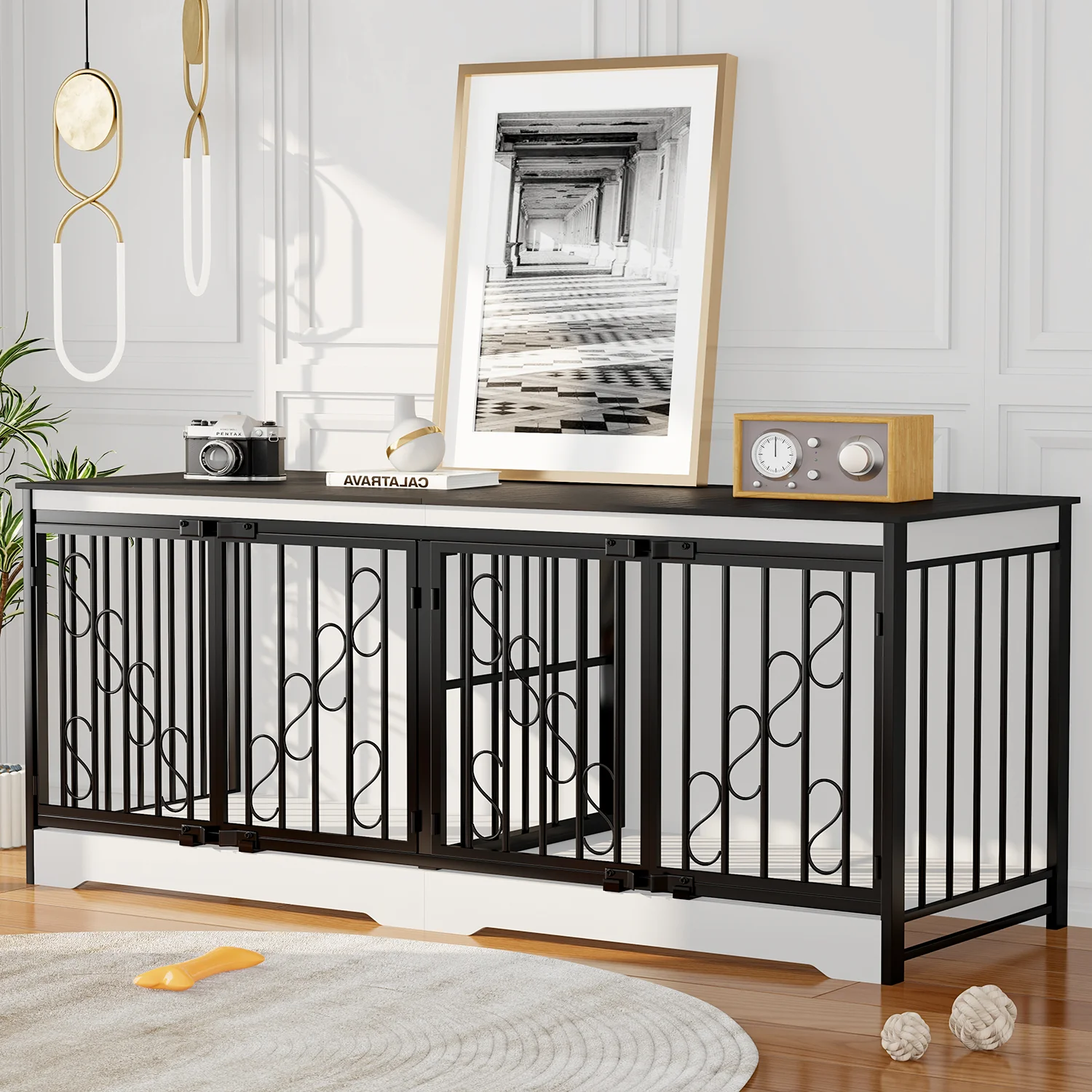 71 Inch Double Dog Crate Furniture, Extra Large Dog Kennel Indoor for 2 Dogs, Heavy Duty Wooden Dog House with Divider, Pet House Decorative as Table & TV Stand for XL arge Dogs ( White) product image (8)