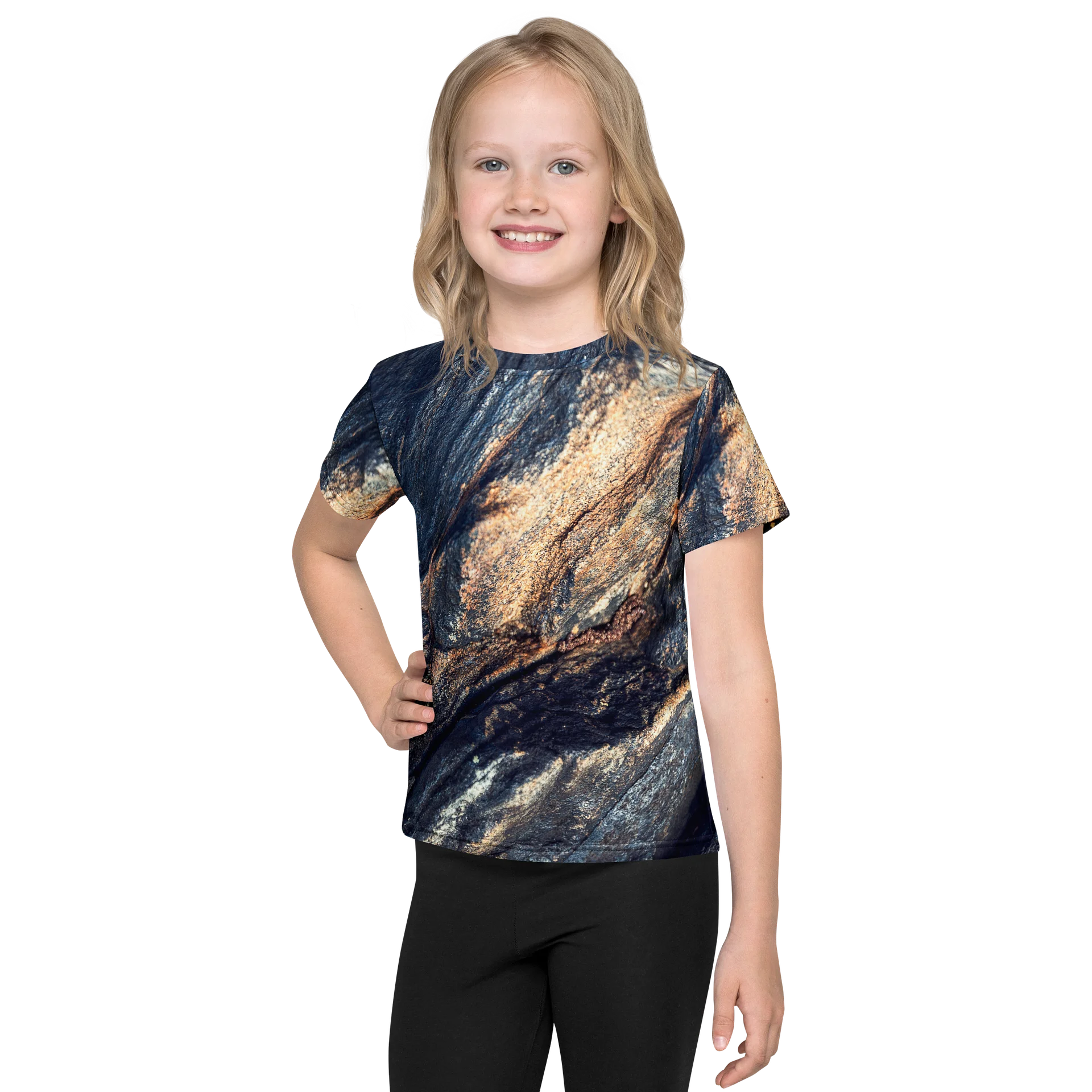 Obsidian Vein: Kids All-Over Print Dark Slate & Gold Crew Neck T-Shirt product image (1)