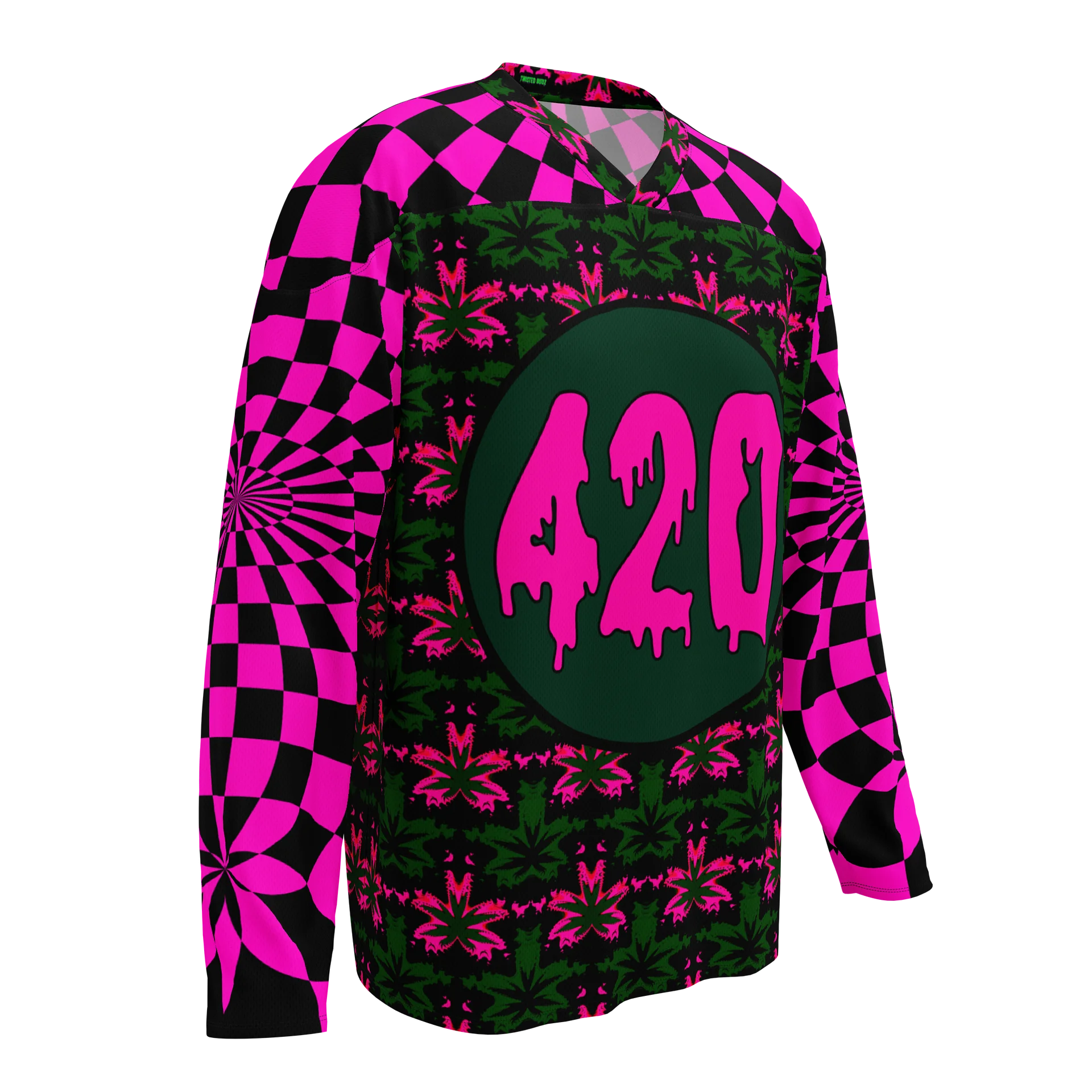 Trippy 420 Rave Hockey Jersey, Psychedelic Cannabis Festival Shirt, Neon Retro Stoner Fashion, Pot Leaf EDM Clothes, Pink Weed Checkers Top product image (3)