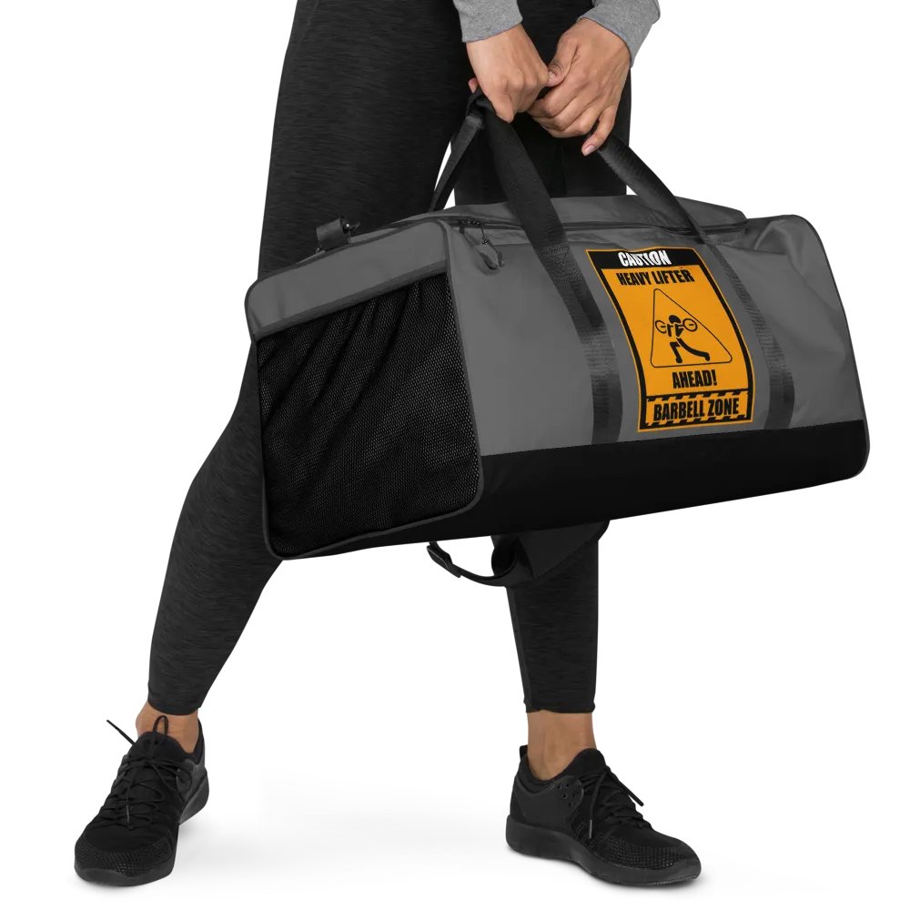 Caution Heavy Lifter Ahead-Barbell Zone Duffle Bag (Dark Gray and Black) product image (5)