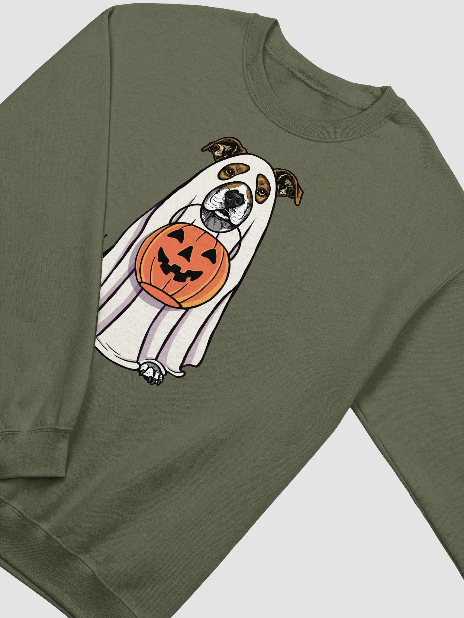 Funny Halloween Pitbull Terrier(Brindle) Sweatshirt | Funny Pittie Wearing a Ghost Costume and Holding a Pumpkin Basket product image (4)
