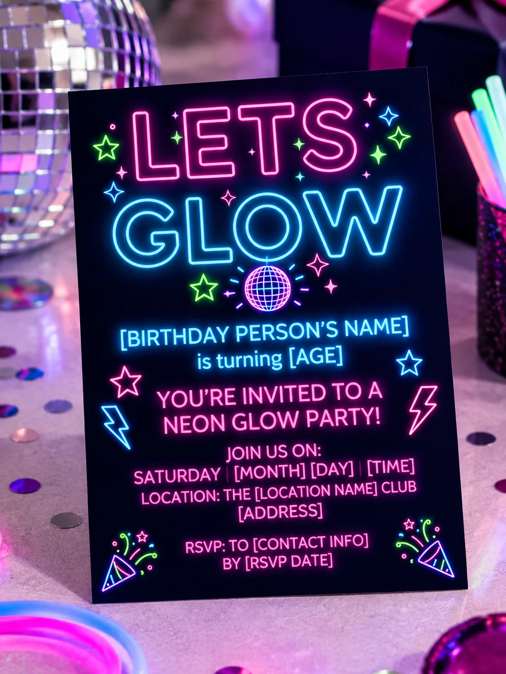 Neon Glow Birthday Invitation Template, Editable Teen Glow Invite, Printable Party, Canva Instant Download Digital product image (1)