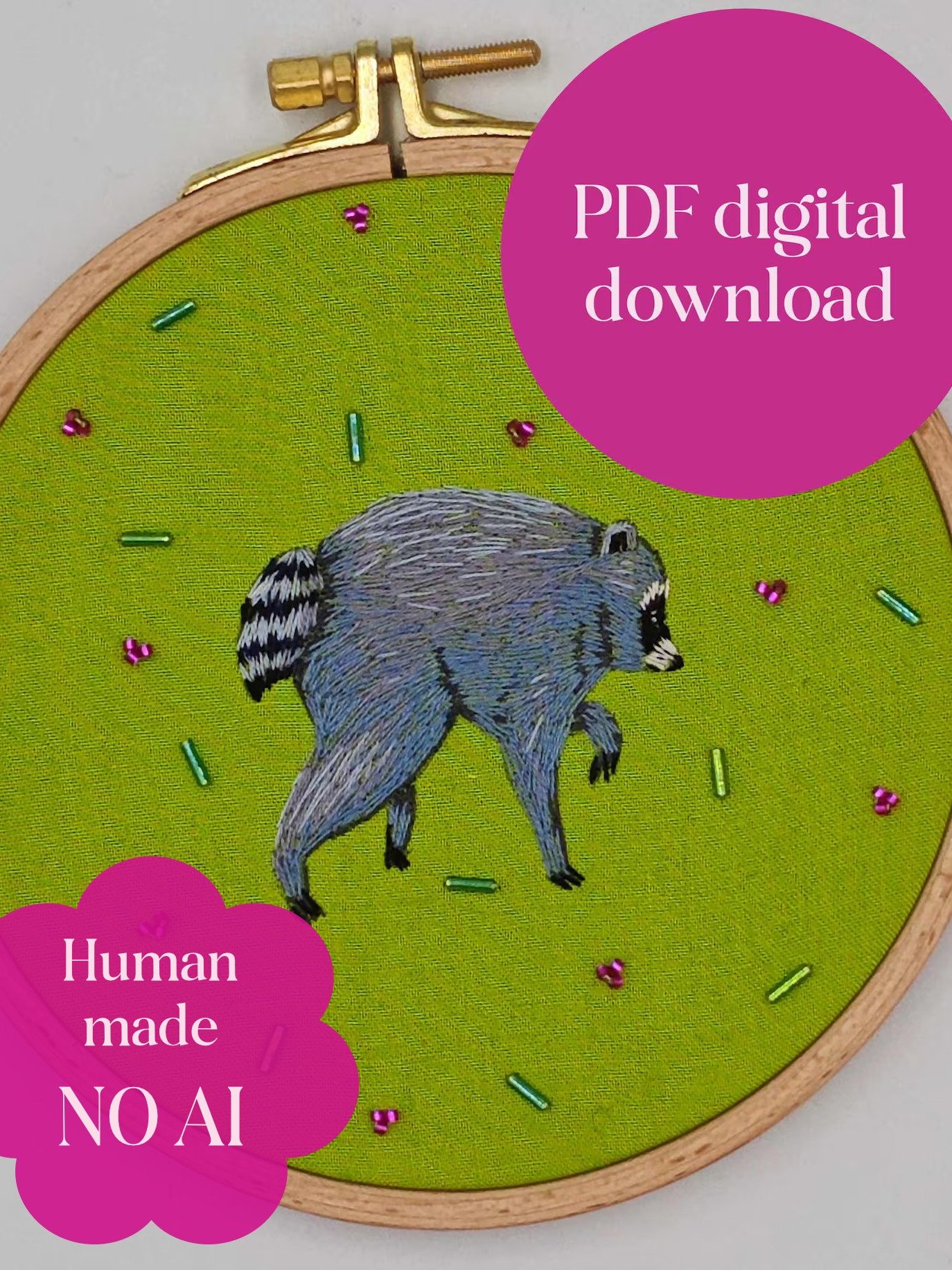 Jimothy hand embroidery pattern PDF raccoon step by step thread painting instructions product image (1)