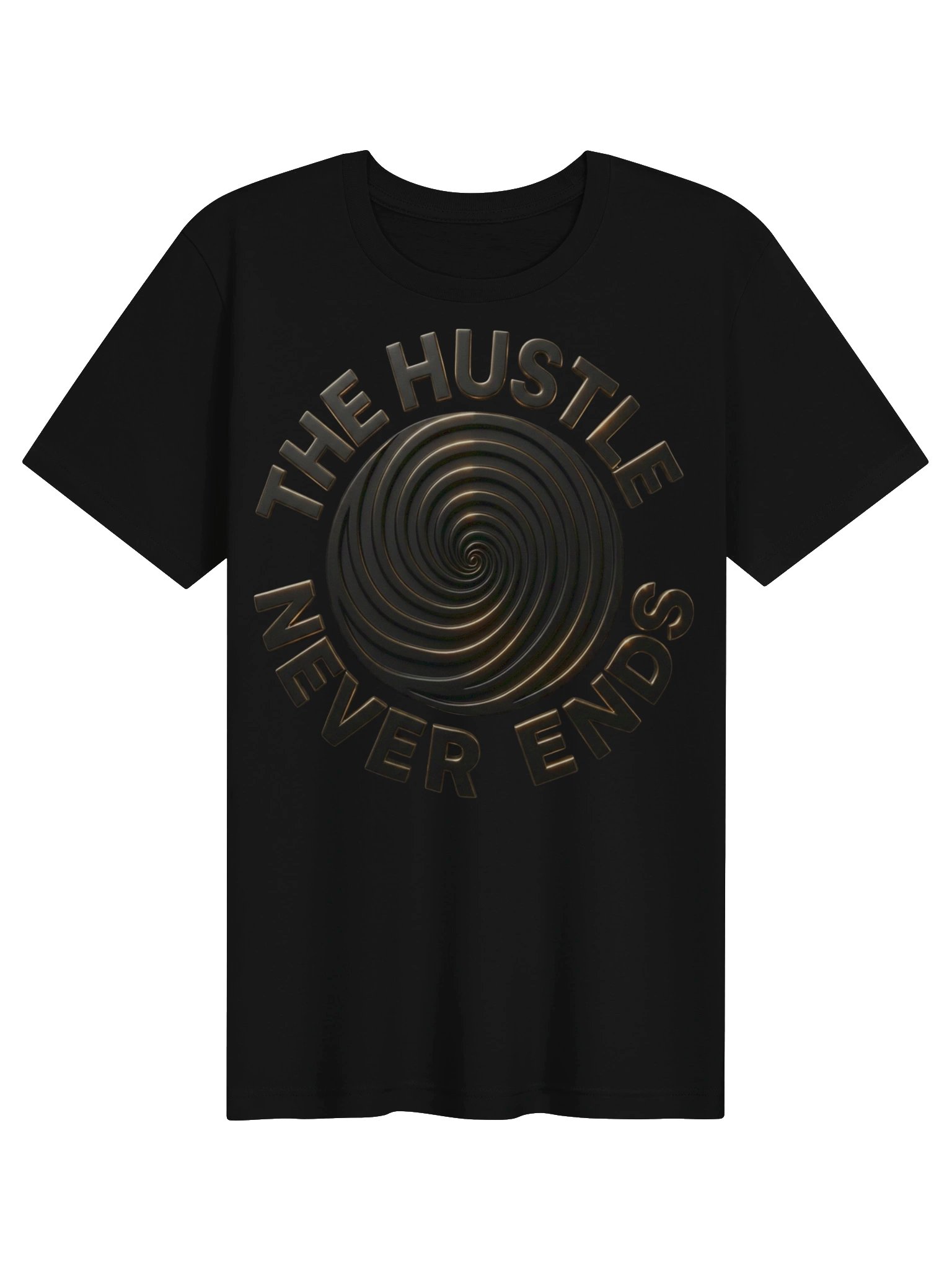 THE HUSTLE NEVER ENDS – God Mode Gold Spiral Tee product image (1)