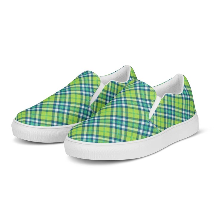 Lime and Turquoise Plaid Women's Slip-On Shoes product image (2)
