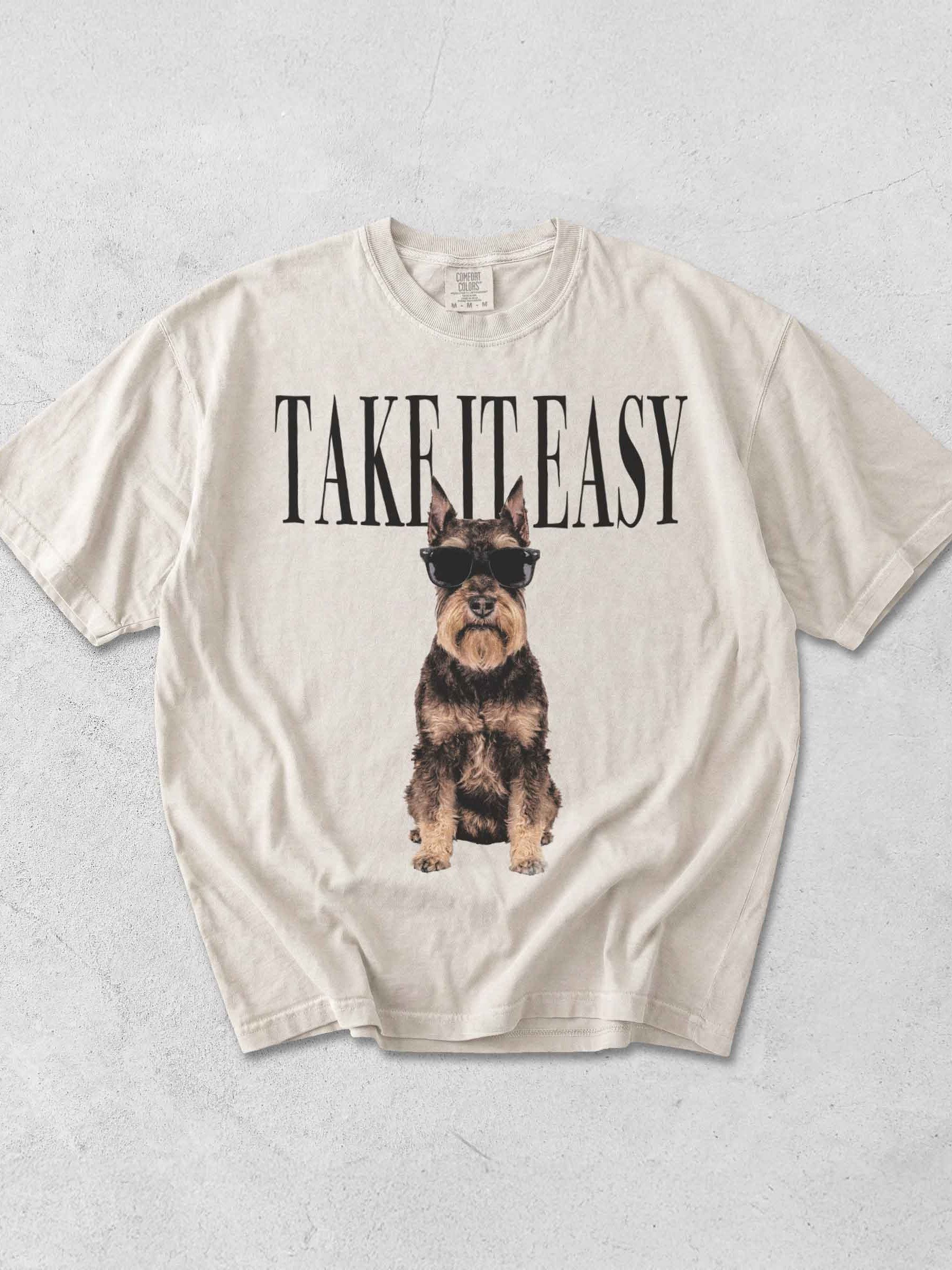 Take It Easy '90s Pop Vintage-Style T-Shirt for Miniature Schnauzer(Liver & Tan, Cropped Ears) Owner product image (1)