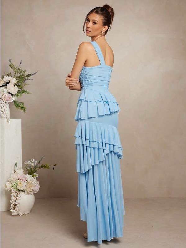 Asymmetrical Mesh Ruffle One Shoulder Maxi Dress product image (2)