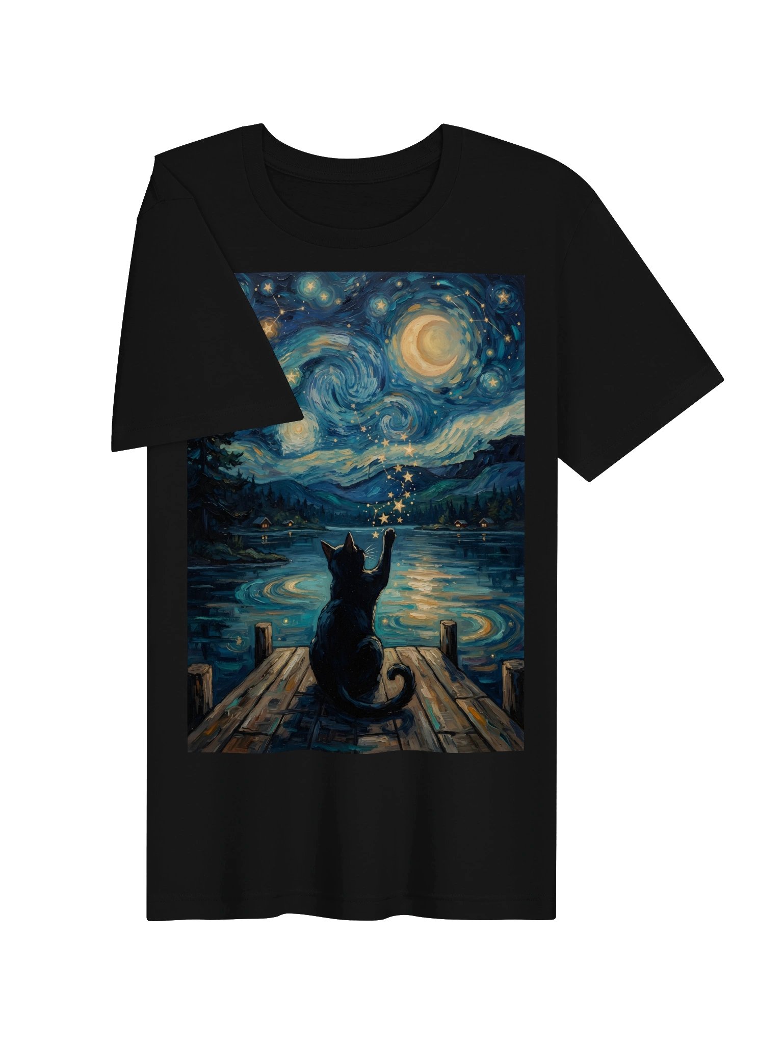 Celestial Cat T-Shirt, Moon & Stars Night Sky Graphic Tee, Magical Lake Cat Shirt, Vintage Cosmic Nature Apparel product image (25)