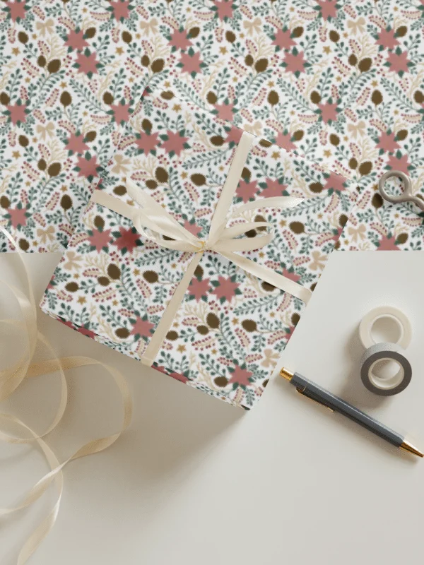 Enchanted forest blooms Christmas wrapping paper. Set of 3 sheets in green, soft pink, and white product image (5)