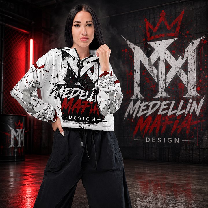 Medellin Mafia Design Women’s Cropped Windbreaker Hoodie – White Red Black Graffiti Streetwear Jacket product image (1)