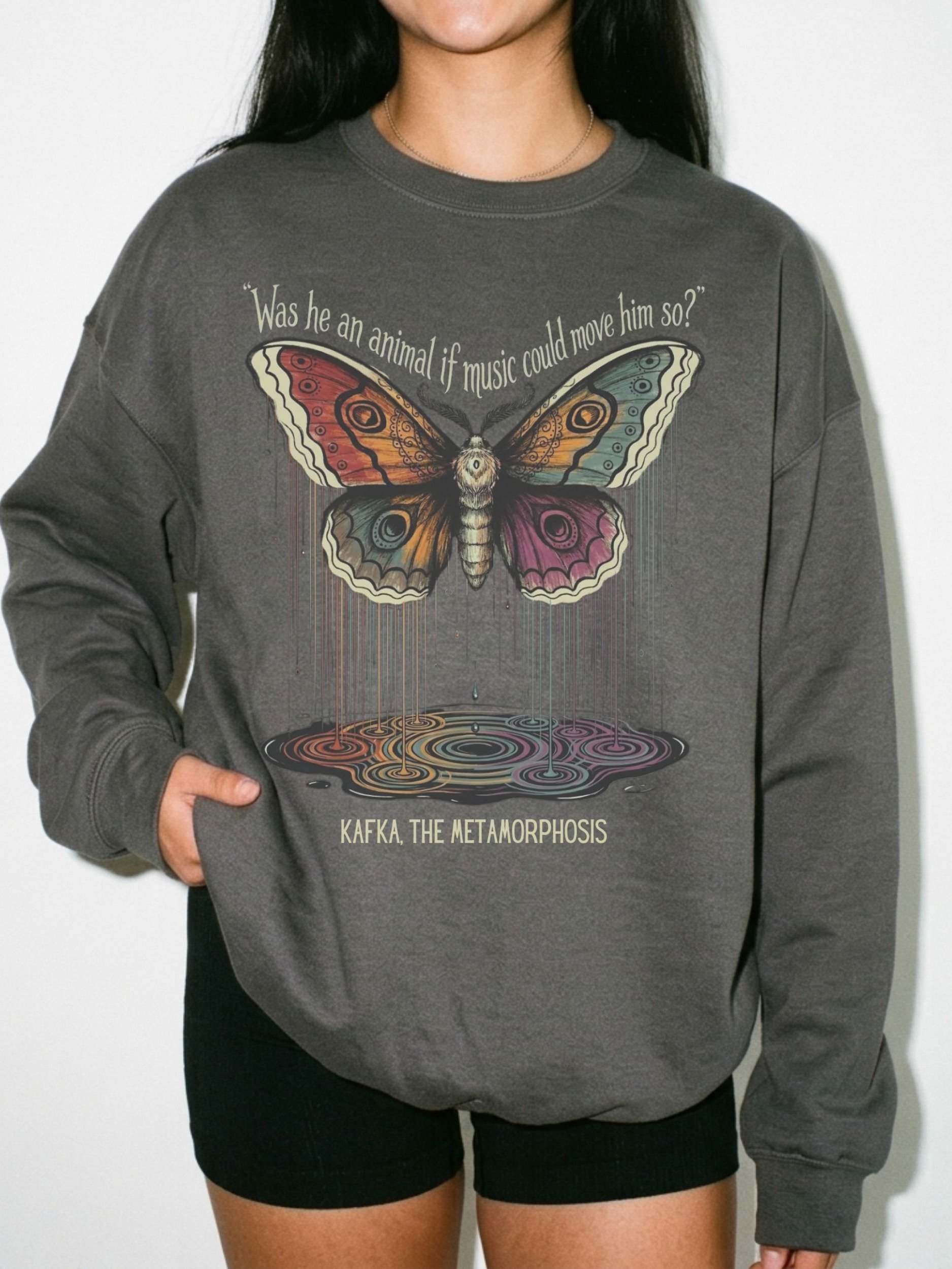 Kafka Metamorphosis Quote Sweatshirt with Psychedelic Rainbow Moth product image (27)
