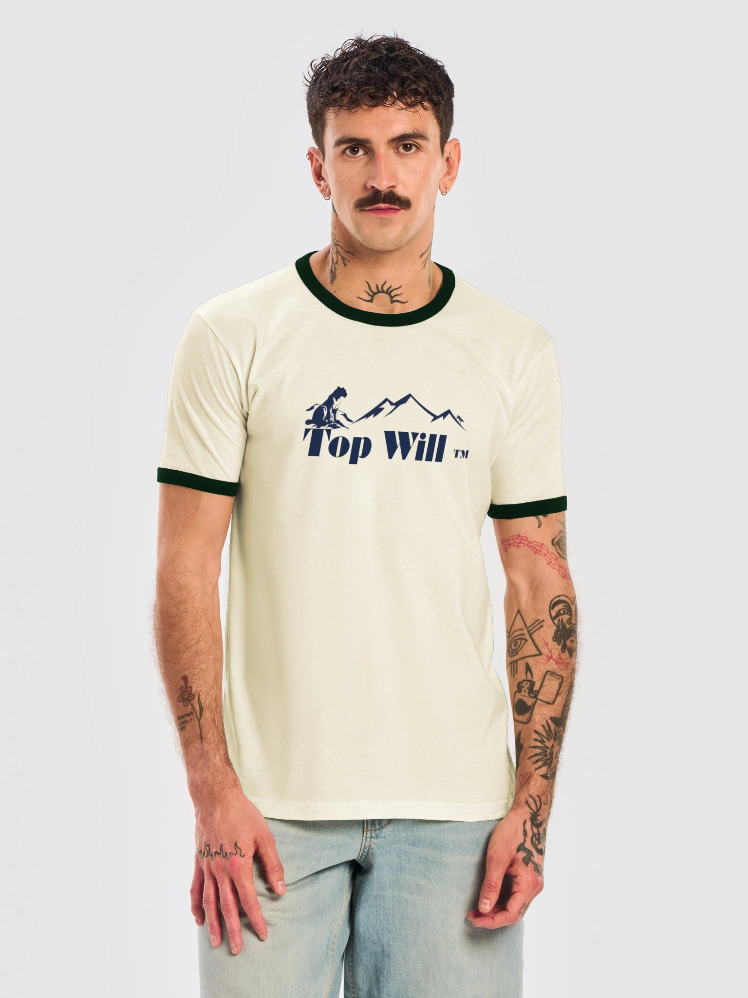 Top Will ™ Cream & Navy Blue Unisex Ringer T-Shirt product image (5)