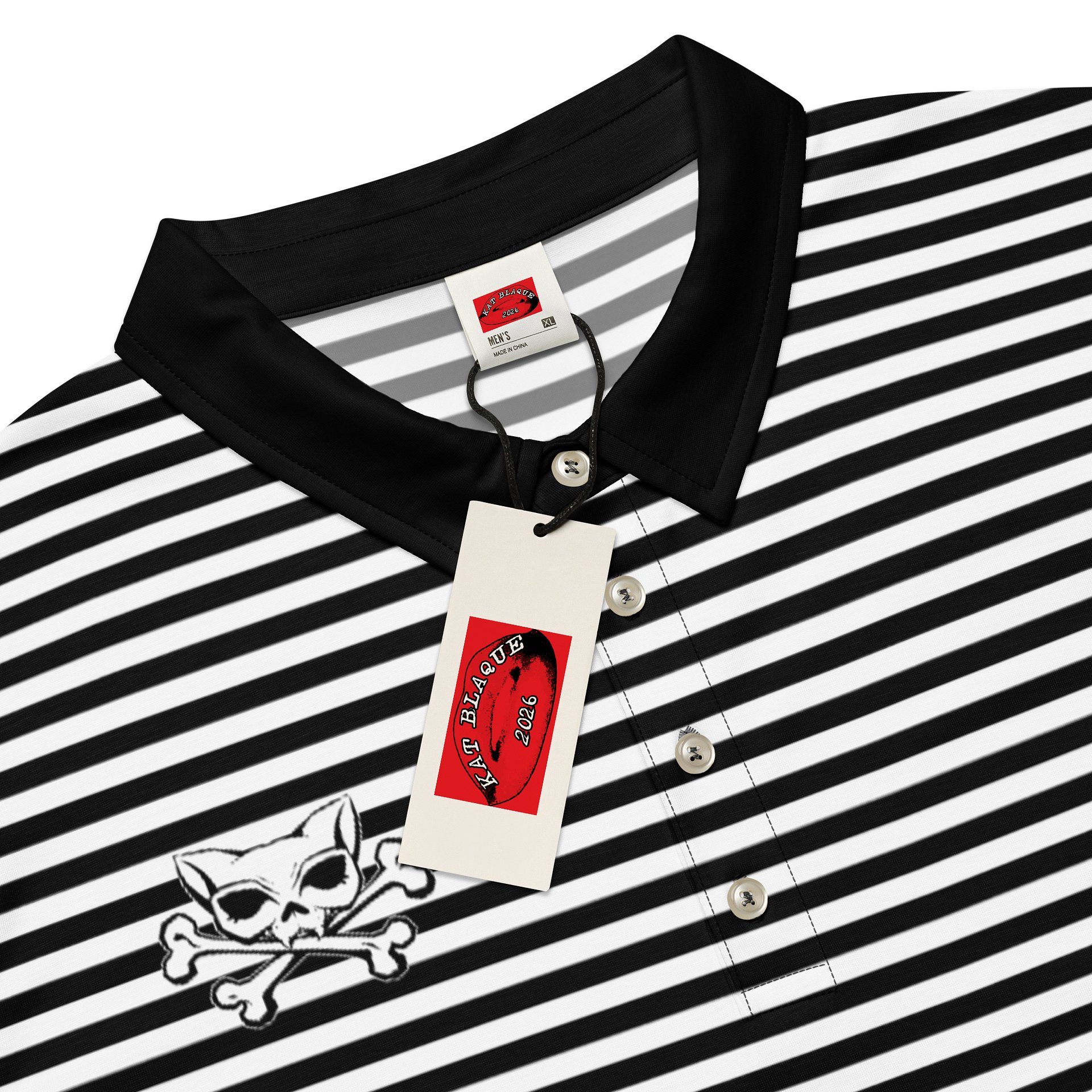 White and Blaque Stripped Kat Skull Polo product image (4)