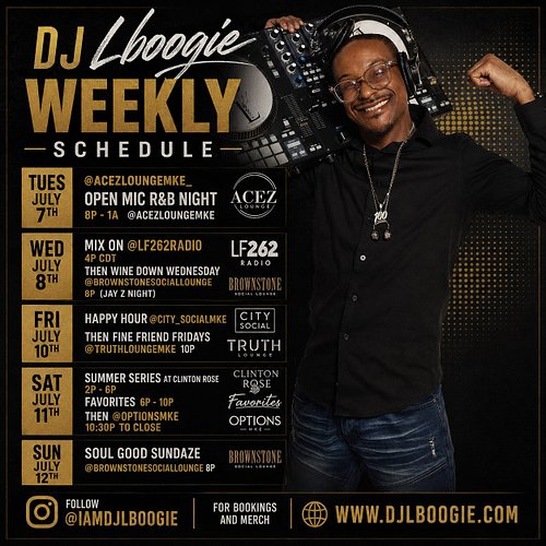 July is Overly Loaded here is this weeks schedule see yall outside 🎉🎉🎉

Weekly schedule 
Tuesday July 7th - @acezloungemke_ O...