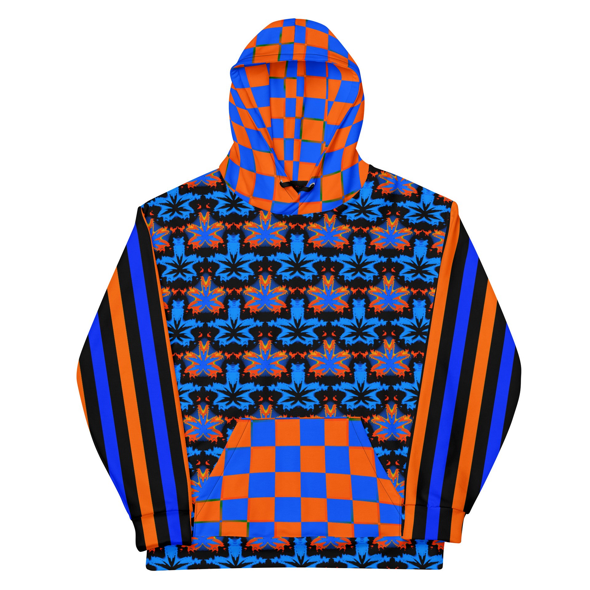 Blue Orange Black Cannabis Art 420 Hoodie, Checker Circus Stripe Clowncore Fashion, Weed Leaf Fall Festival Wear, Retro Rave Stoner Clothing product image (8)