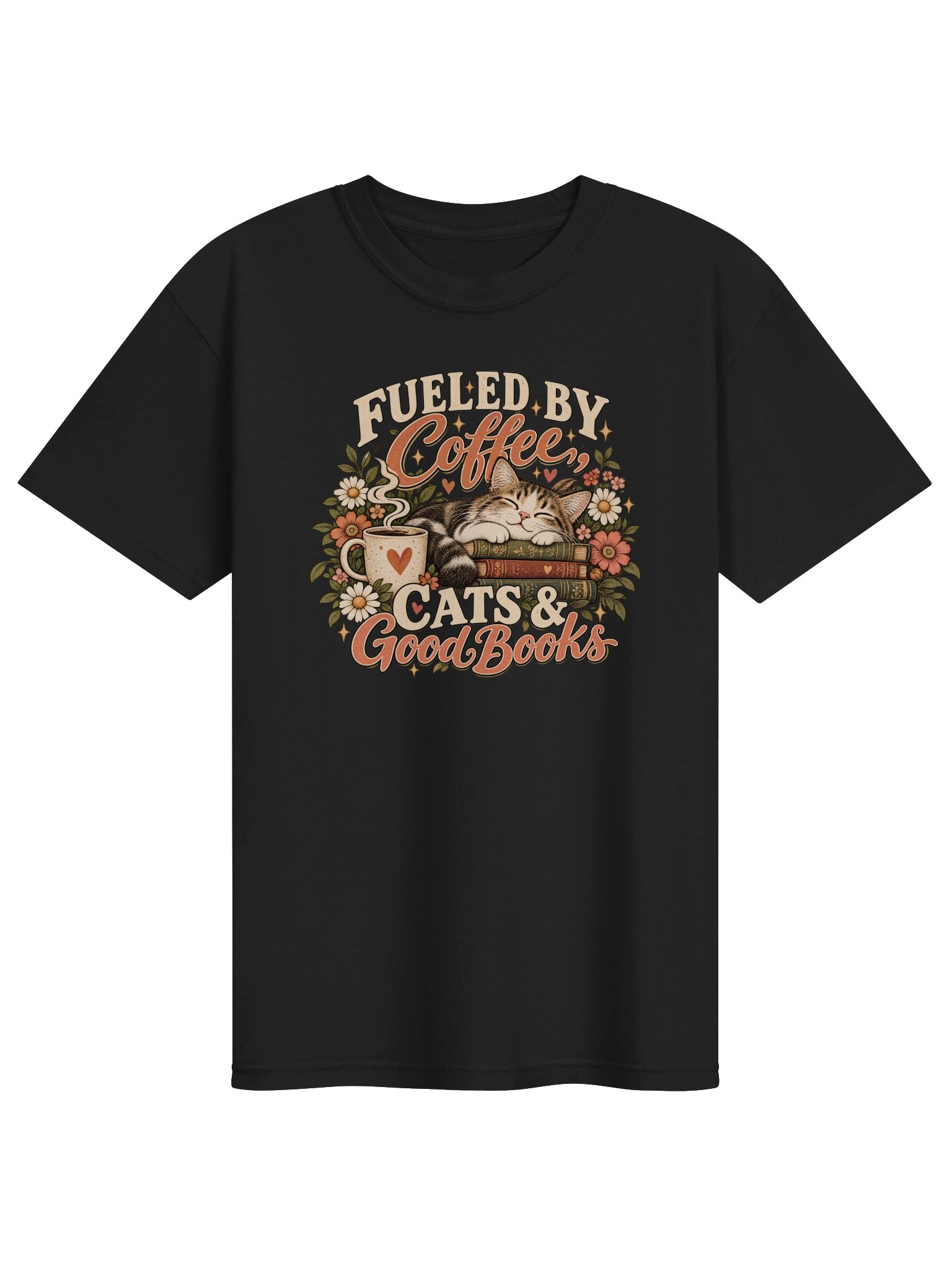 Fueled by Coffee, Cats & Good Books T-Shirt | Vintage Cat Lover Tee product image (2)