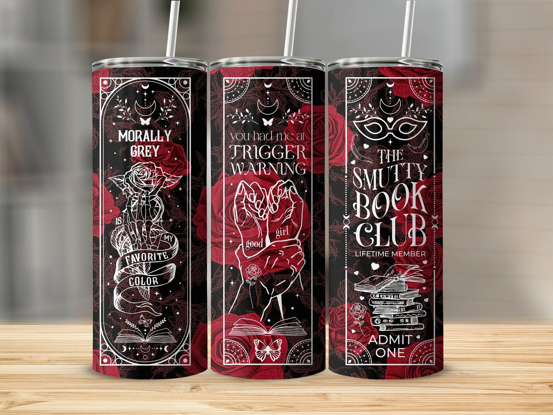 Smutty Book Reader Dark Romance, Trigger Warning, Skeleton Rose 20oz Tumbler Full Wrap PNG, Seamless Sublimation Design, Digital Download product image (5)