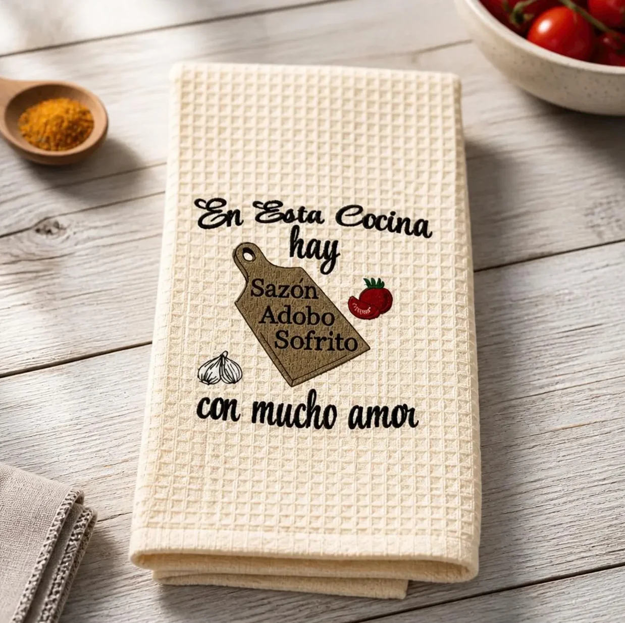 Embroidered Spanish Kitchen Towel: Sazon, Adobe, Sofrito product image (1)