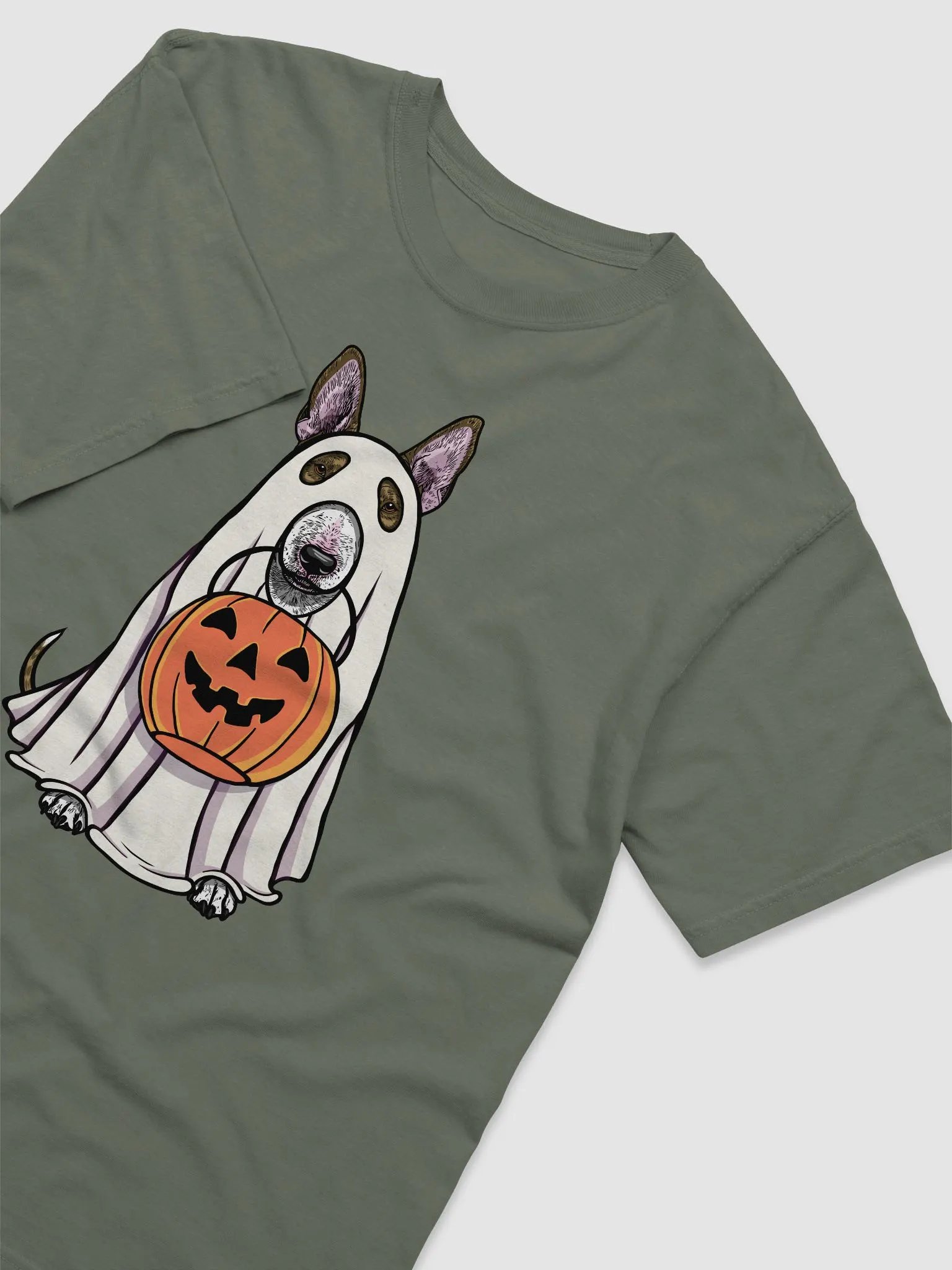 Funny Halloween Bull Terrier(Brindle) T-Shirt | Funny Dog Wearing a Ghost Costume and Holding a Pumpkin Basket product image (6)